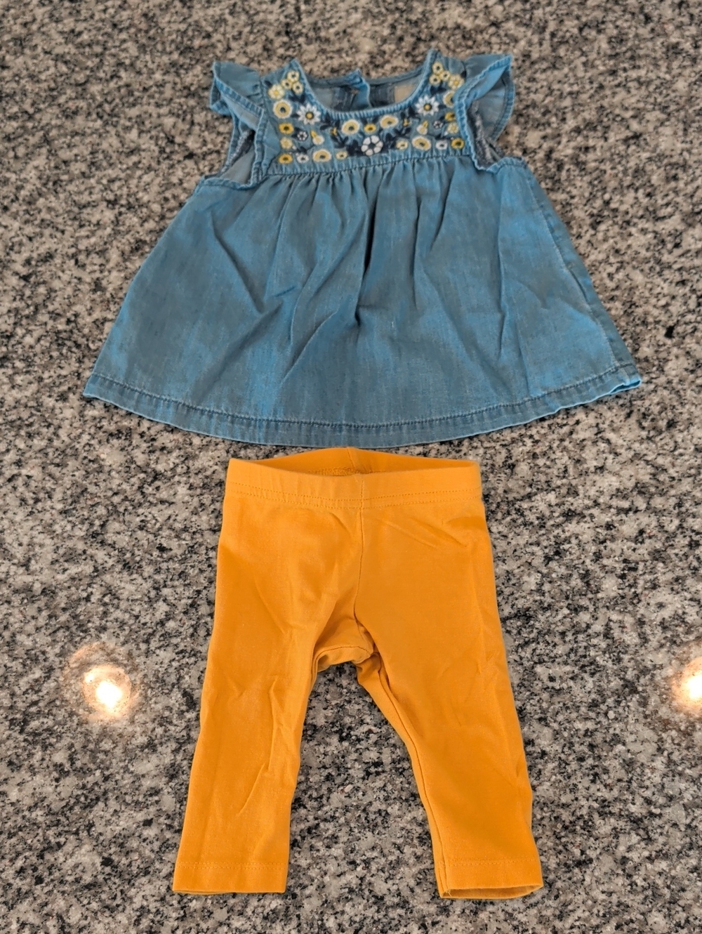 Primark Blue Chambray Floral Top with Mustard Yellow Leggings